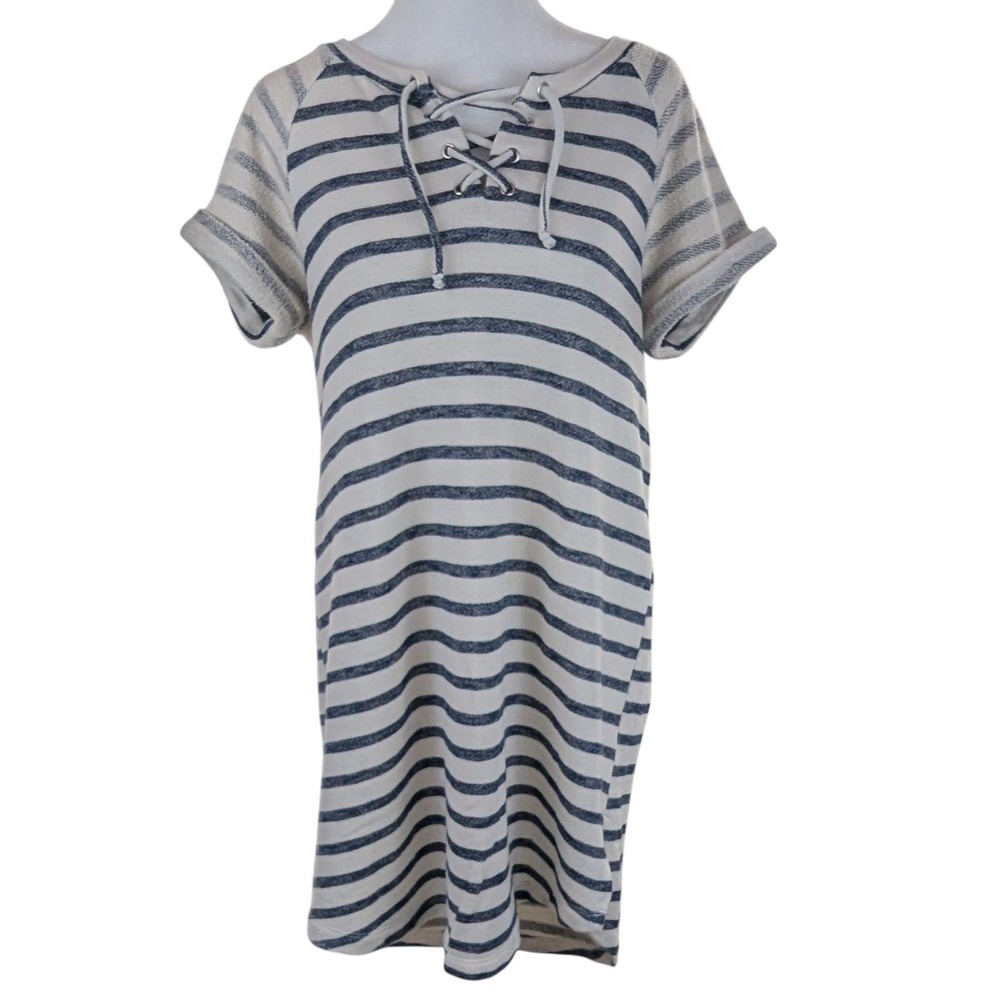 C Active T-Shirt Dress Size Medium Ivory Blue-Gray Striped‎ Knit Short Casual